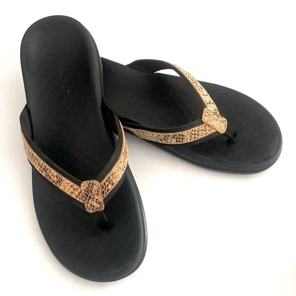 Vionic Black Sandals Snake Skin Print Leather Straps Women sz 10 Beachy Vacation
